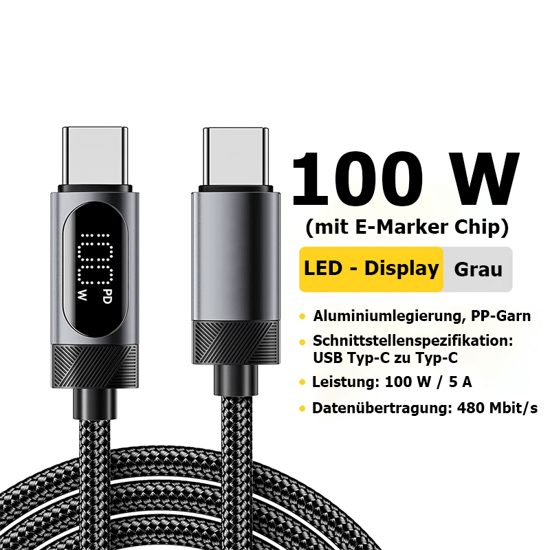 100 W High-Speed USB Typ-C Ladekabel mit Echtzeit-Leistungsanzeige
